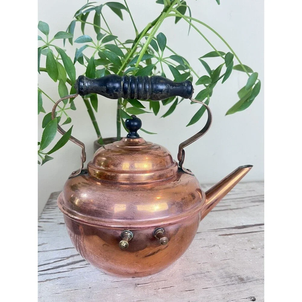 Vintage Small Copper Tea Kettle With Wood Handle Cottage Core 8” x 6” Country